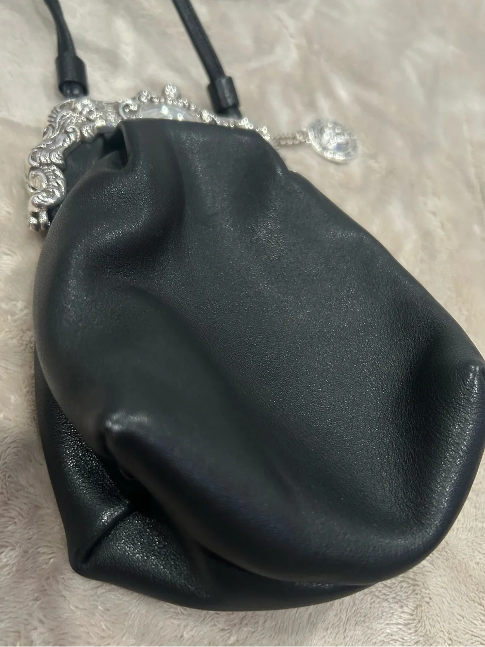 Brighton Black Leather Crossbody with Ornate Silver Frame and Charm